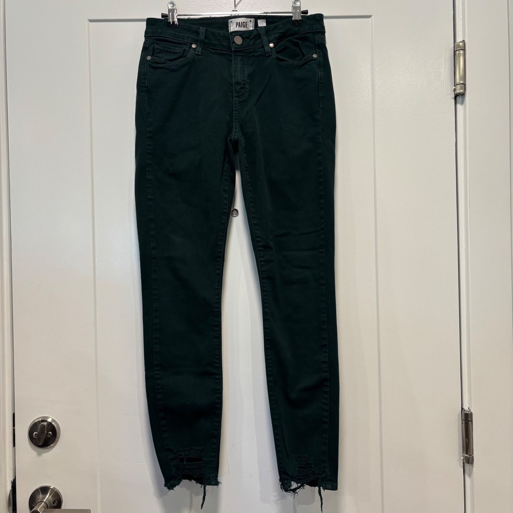 Paige Verdugo Skinny Jeans Forest Green Raw Hem‎ Distressed Size 29